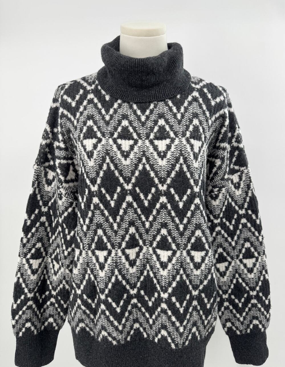 Varley Ida Rollneck Sweater Relaxed Fairisle Wool Blend Turtleneck Gray Cream M